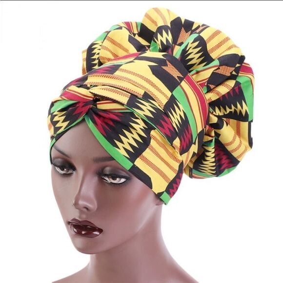 African Print Satin Bonnet With Long Ribbon Wrap - Picture 2 of 10